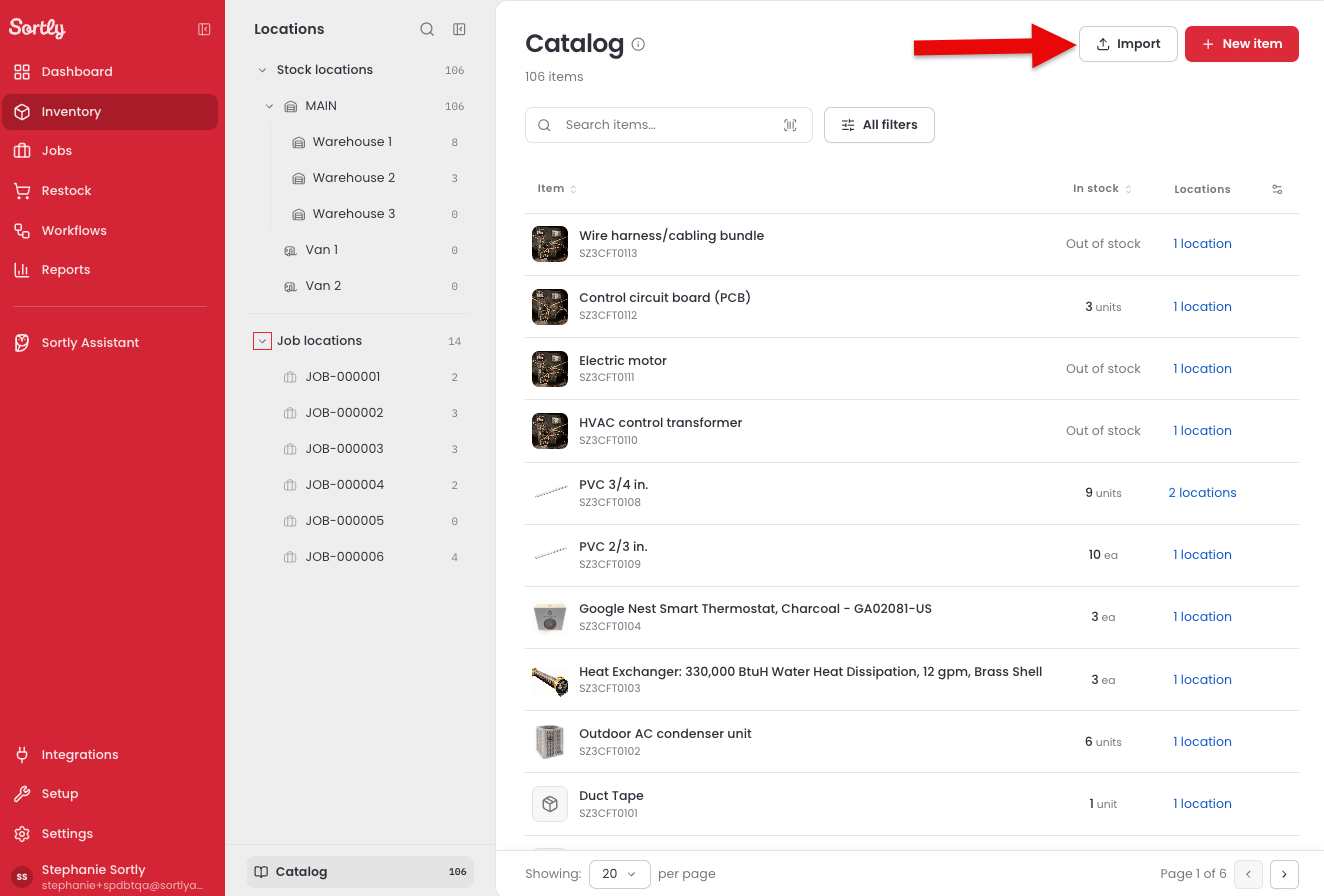The Catalog page with the Import button next to New item