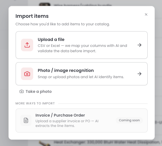 The Import items window with Upload a file, Photo / image recognition, and Invoice / Purchase Order