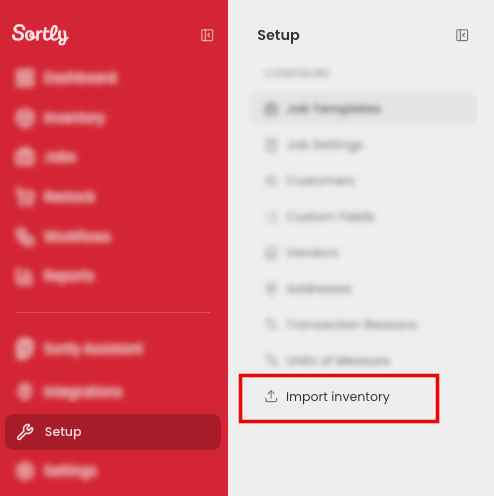 The Setup menu with Import inventory highlighted