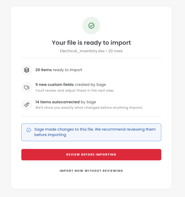 The Your file is ready to import summary with Review Before Importing and Import Now Without Reviewing