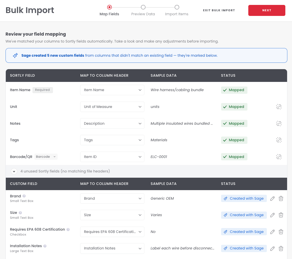 The Review your field mapping screen with Sortly fields and custom fields