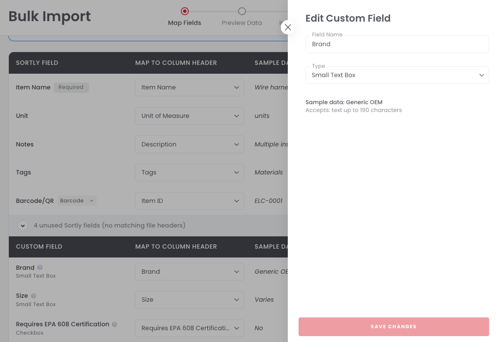 The Edit Custom Field panel with Field Name and Type