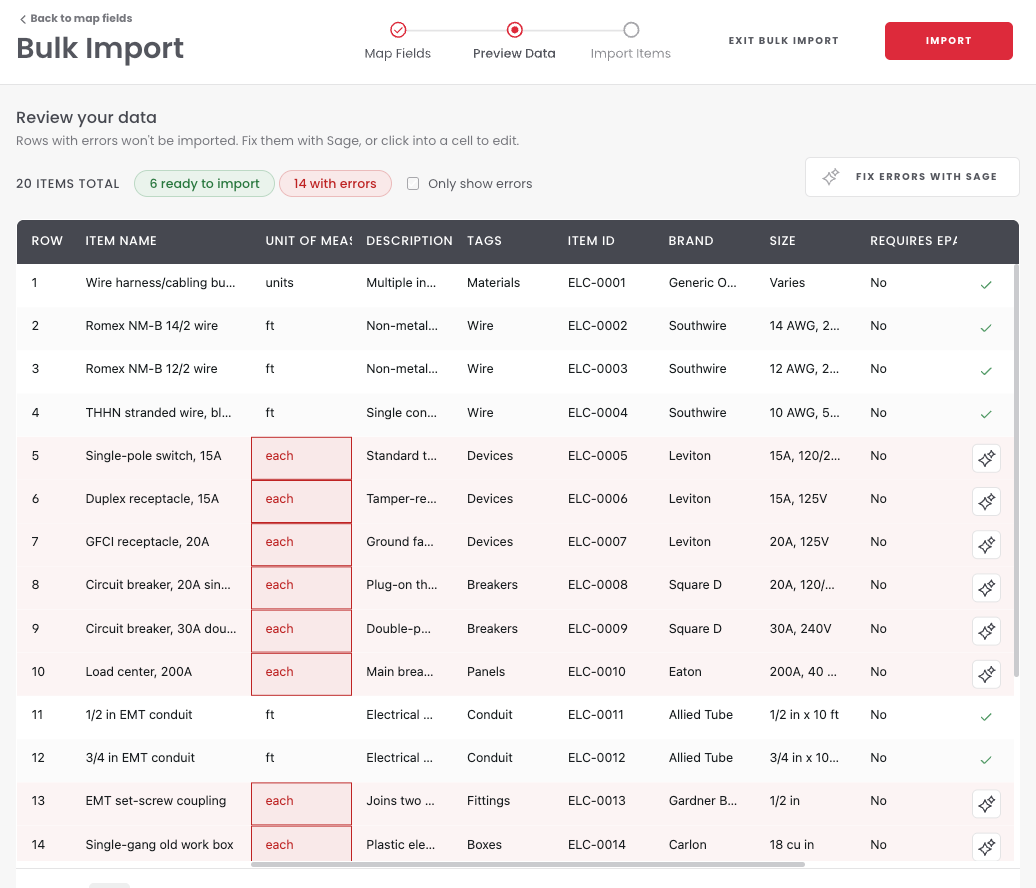 The Review your data table with items ready to import and items with errors highlighted