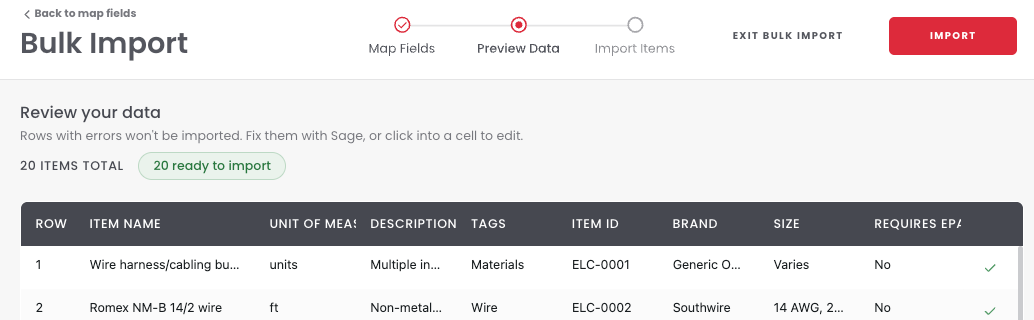 The Preview Data step with all items ready to import and the Import button