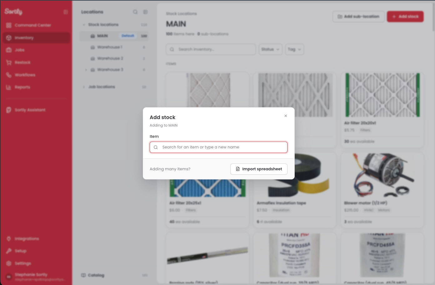 The Add stock window with the Import spreadsheet button