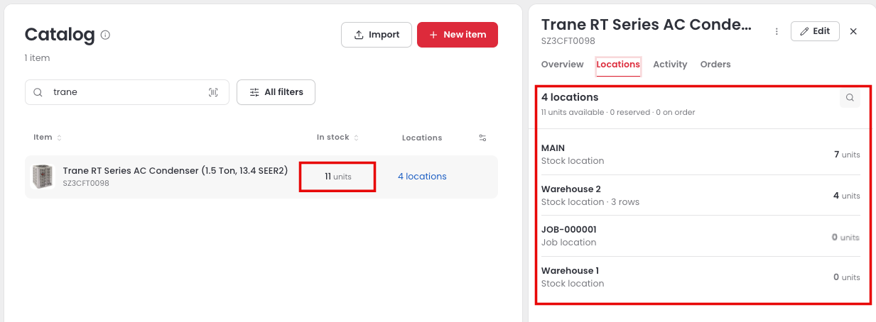 The Catalog table with the In stock column marked, next to the Locations tab of the selected item showing the units in each location