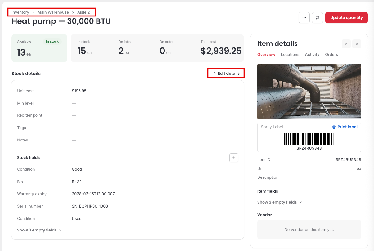 The Stock Details page with the location path and the Edit details button highlighted