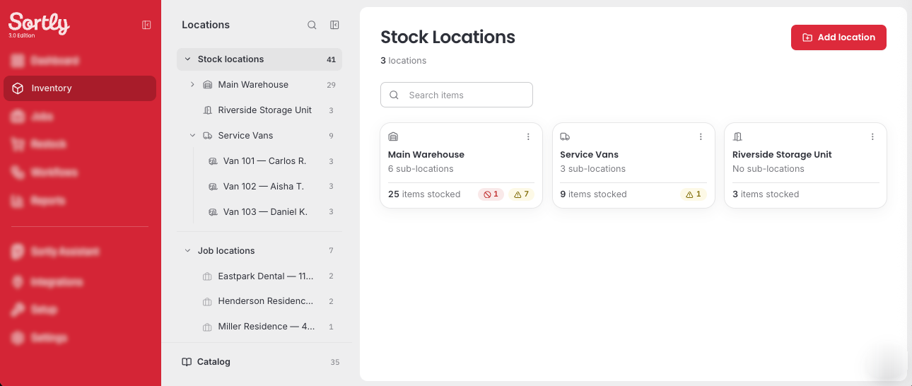 The Stock Locations page with the Locations panel listing Stock locations and Job locations, and Catalog at the bottom