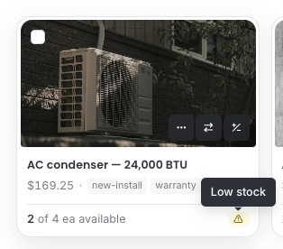 An item card with the Low stock tooltip shown over the yellow warning icon