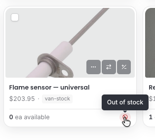 An item card with the Out of stock tooltip shown over the red icon