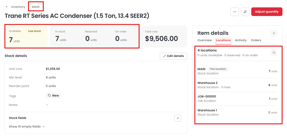 An item's page inside a location, showing Available, In stock, Reserved, On order, and Total cost, with the Locations tab open in the Item details panel
