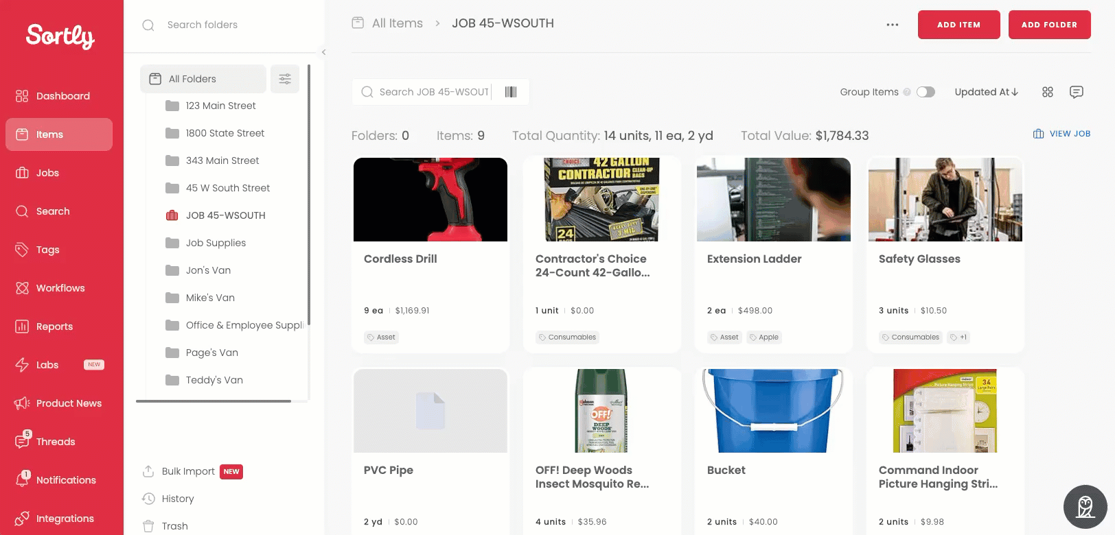 Updating item quantities and moving items in a job