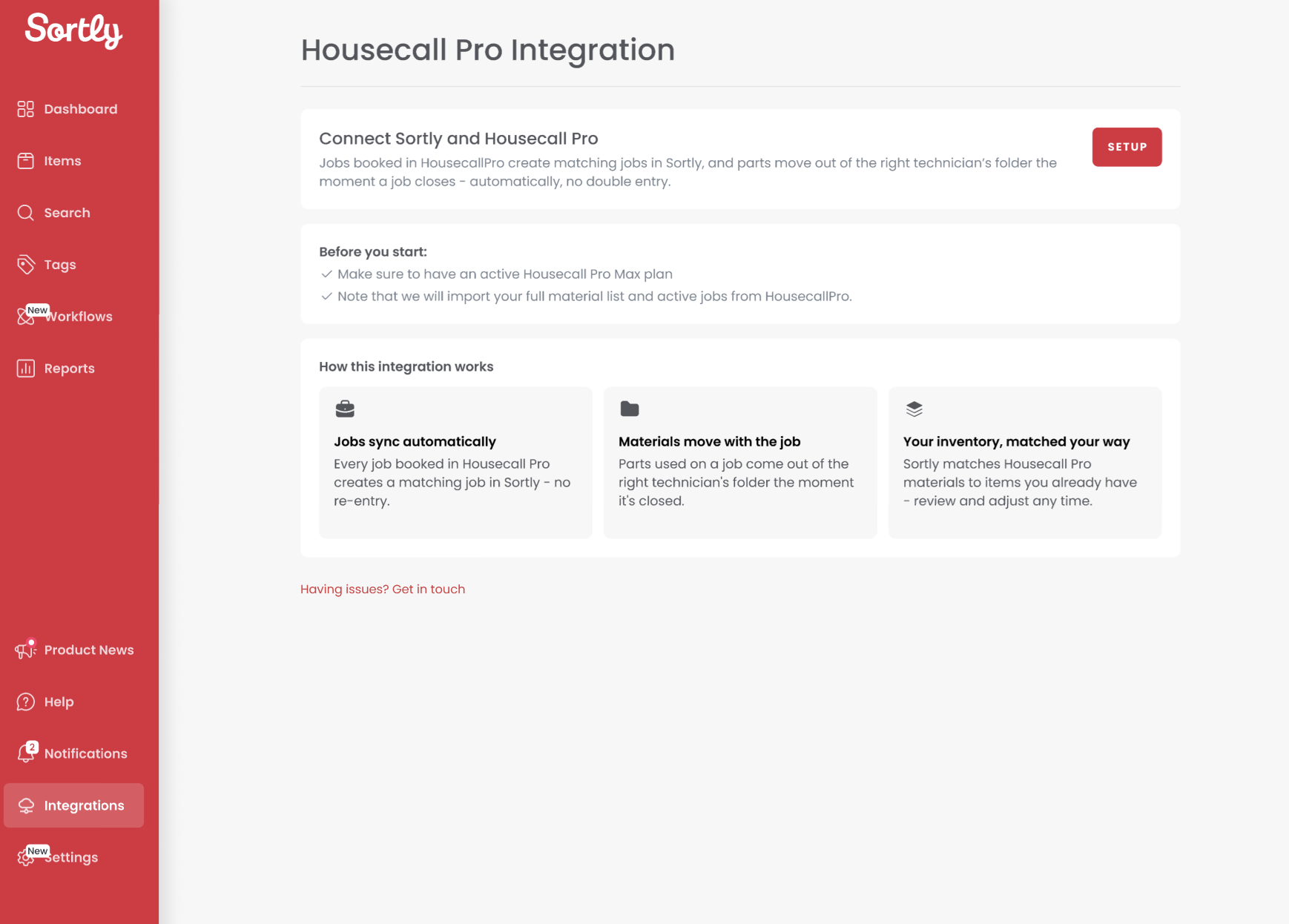 Housecall Pro integration page with Setup button