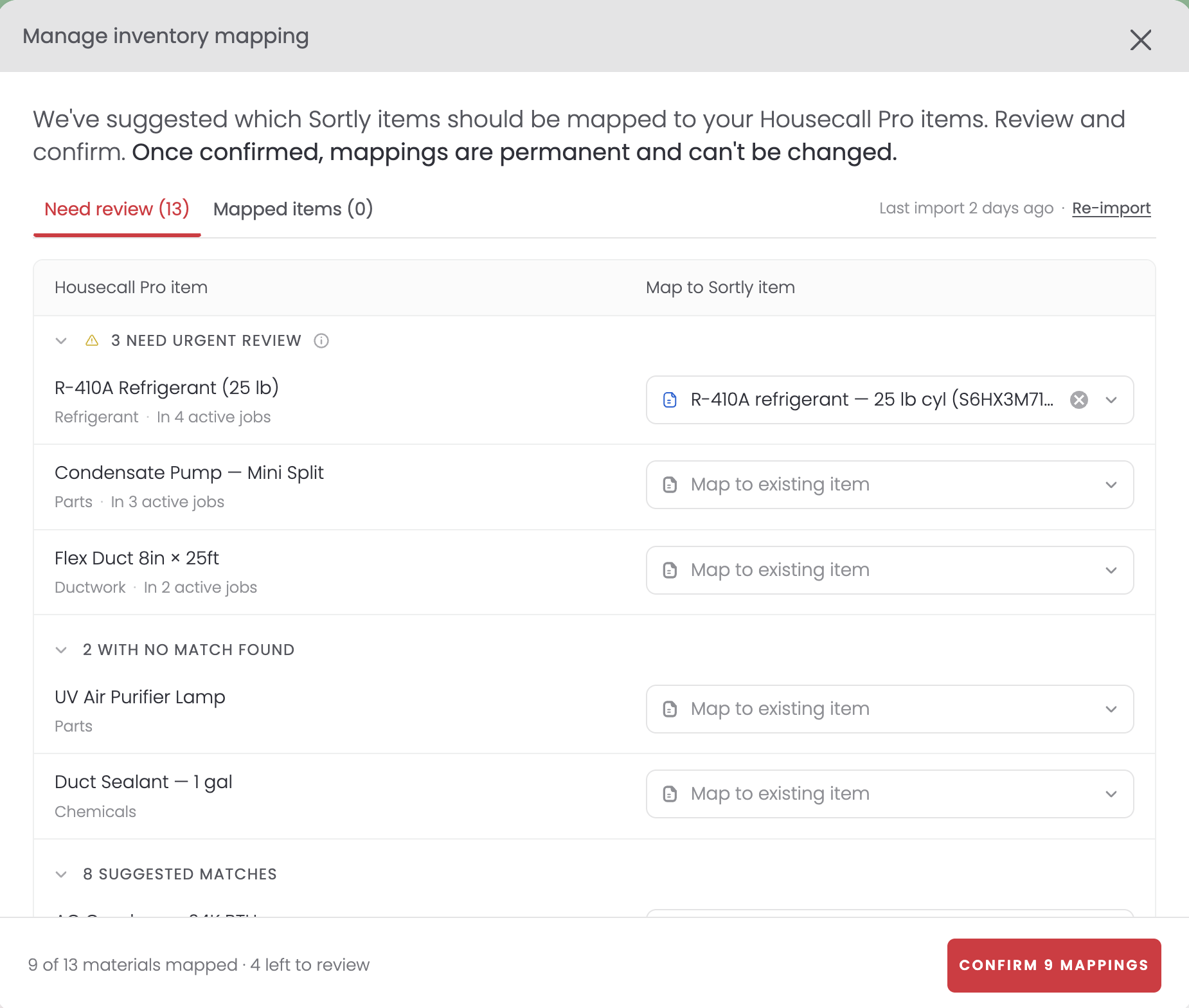 Inventory mapping screen, Need Review tab