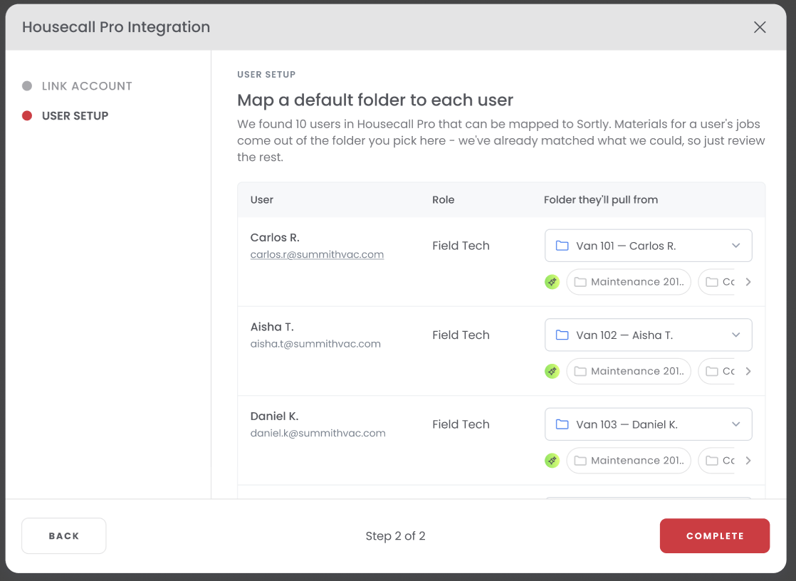 User setup screen mapping default folders