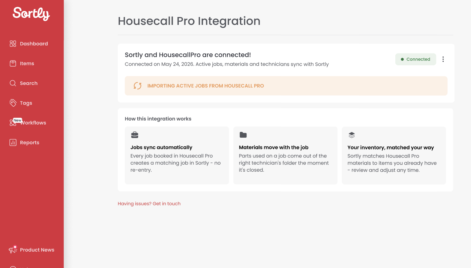 Connected page showing import in progress